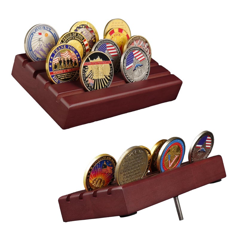 ASmileIndeep Small Military Challenge Coins Display Holder Solid Wood,Challenge Coin Stand Holds 10-12 Coins ,4 Row Coin Holder Rack for Desk, Challenge Coin Display Case ,Red Finish - Image 1